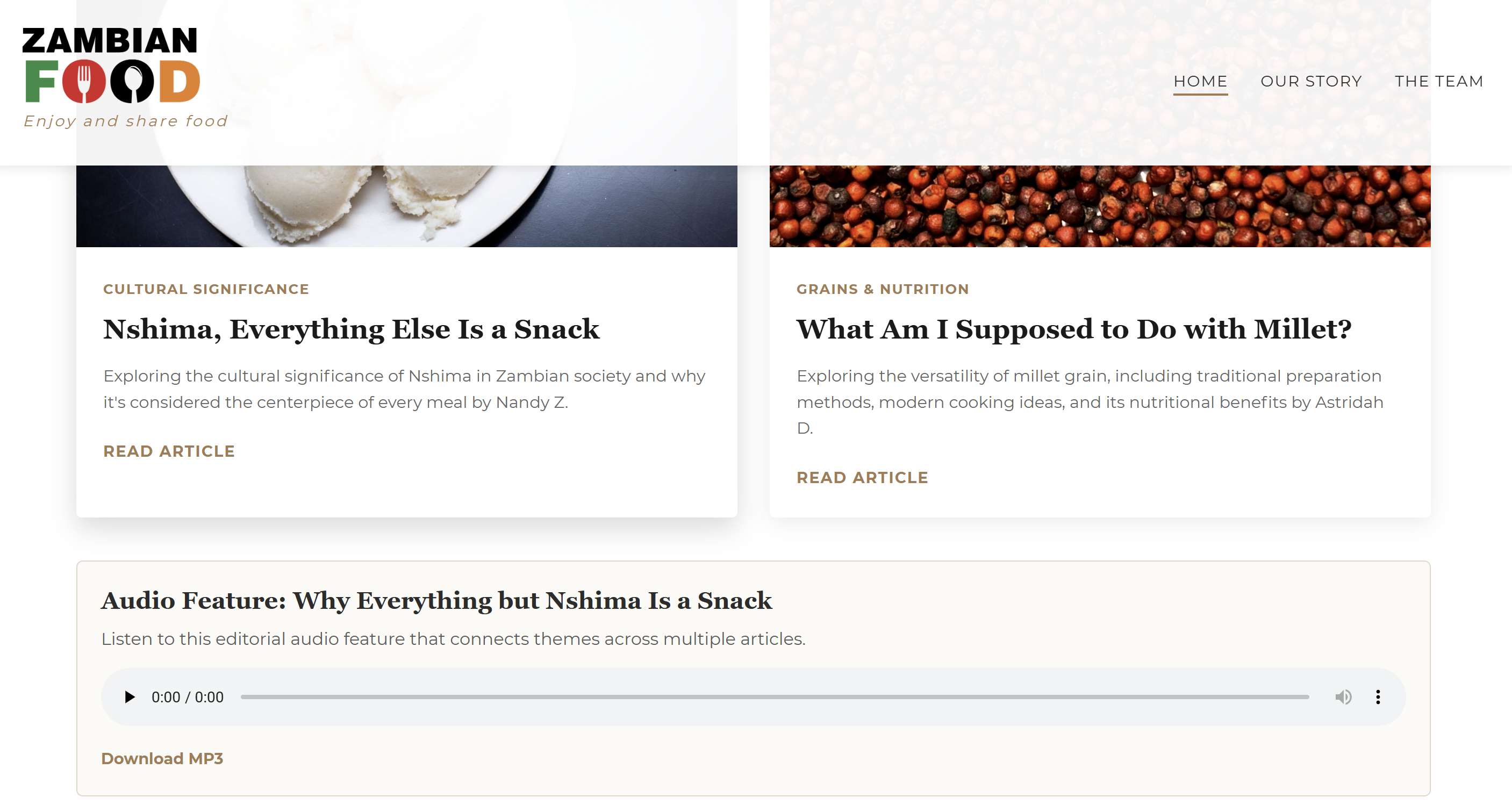 Zambian Food Magazine homepage articles and audio